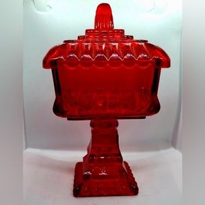 Vintage 1960's Red Jeanette Glass Wedding Cake Box Candy Dish